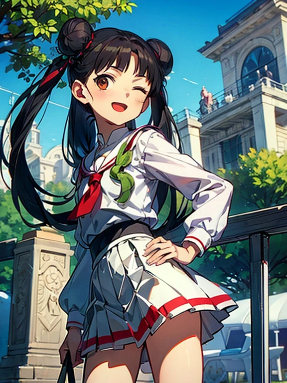 (((masterpiece))) ( Background : outdoor theme : bright : crowded cuty ) ( character : meiling : long smooth hair : fit body : con : small breast : innocent smile : wearing ), one eye closed, , hair bun, black hair, , twintails, double bun, long hair, open mouth, hand on hip, brown eyes, pleated skirt,, white sailor collar, white skirt, bangs,, looking at viewer,