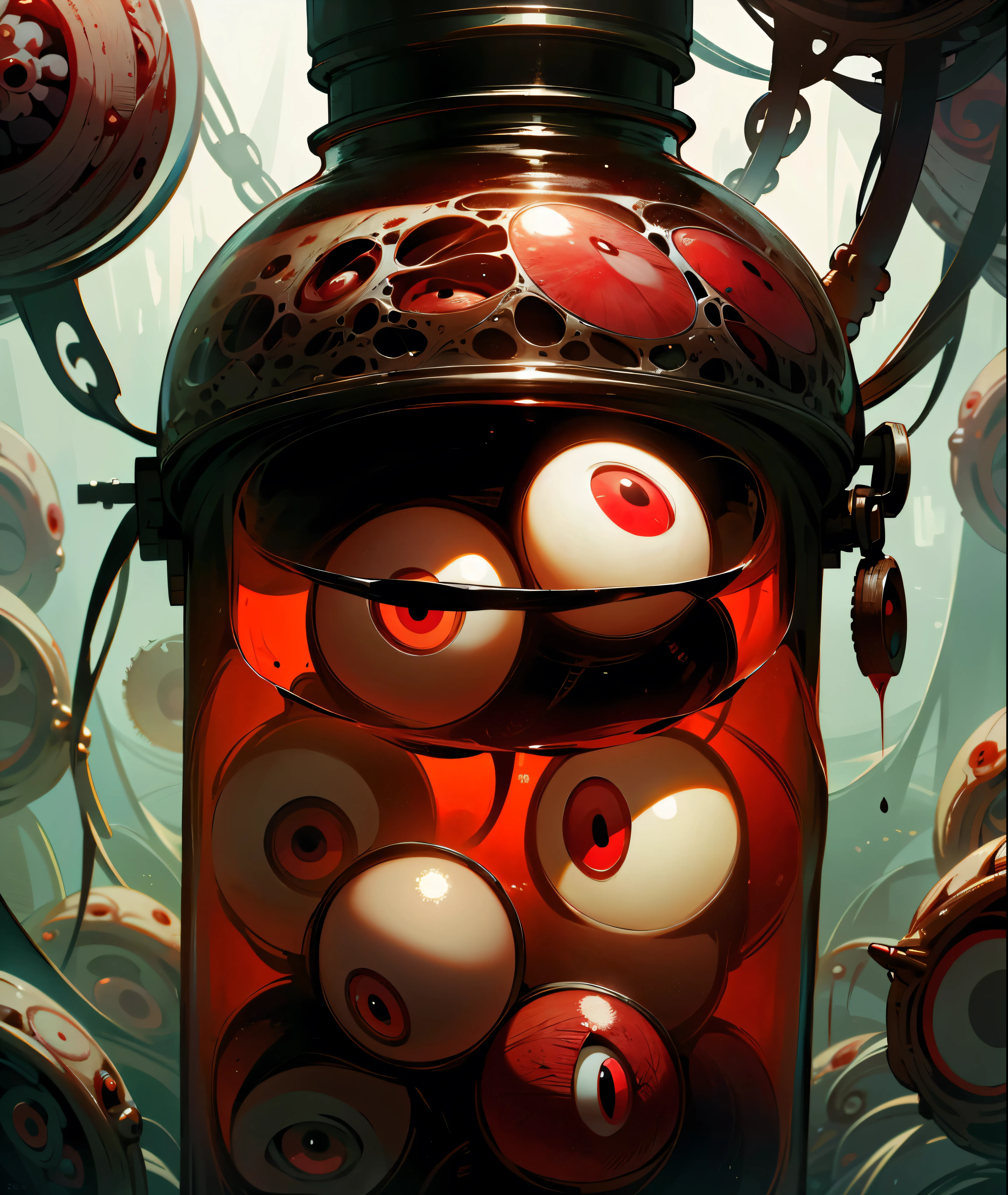 a glass jar filled with eyeballs, ((eyeballs)), blood, early morning