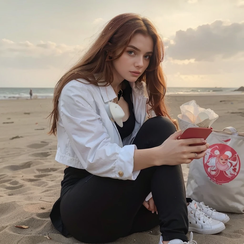 (((Masterpiece))), 25-year-old Caucasian French girl with shoulder-length messy red hair, adorned with , blooming hair akin to a royal . Captured in the best quality, this illustration serves as a 4K wallpaper, beach in the background, sitting on a wall, denim jacket, black leggings, white shoes, white handbag, pink rabbit pendant attached to the handbag, holding a sheikh in her hand,