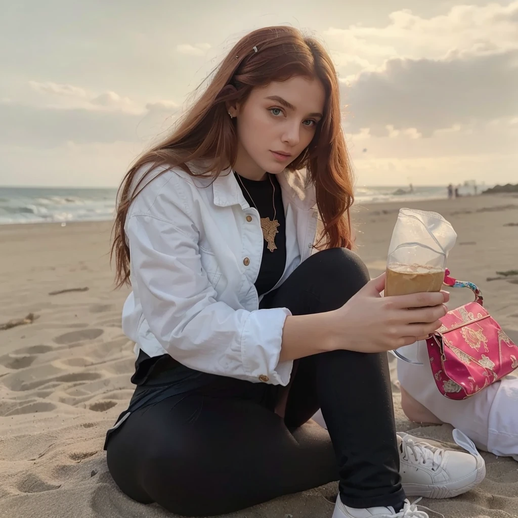 (((Masterpiece))), 25-year-old Caucasian French girl with shoulder-length messy red hair, adorned with , blooming hair akin to a royal . Captured in the best quality, this illustration serves as a 4K wallpaper, beach in the background, sitting on a wall, denim jacket, black leggings, white shoes, white handbag, pink rabbit pendant attached to the handbag, holding a sheikh in her hand,