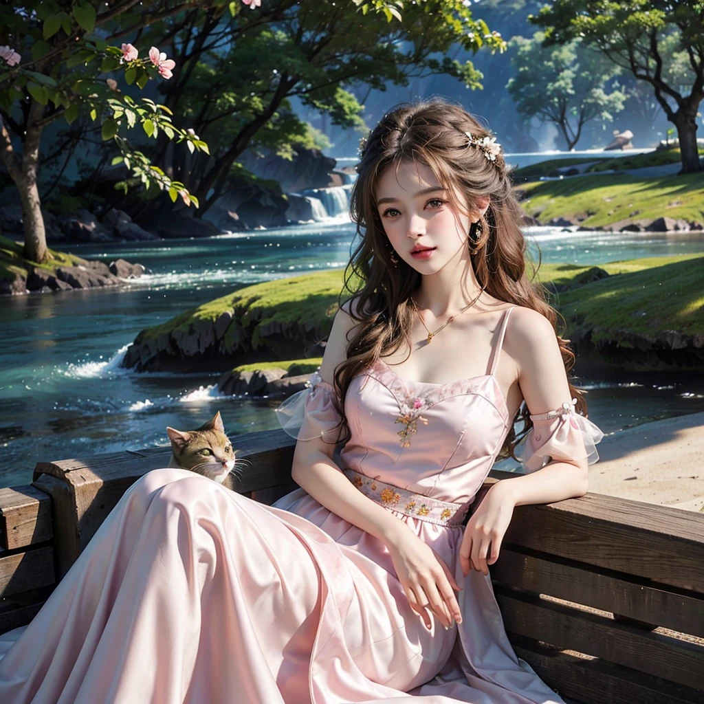 Masterpiece, Best quality, high resolution, realistic , hyperrealism , lifelike photography ,2024s, , alluring beautiful full body shot, (curly blondish brunette long hair, blue cat-shaped eyes), white skin with freckles, beautiful period dress with flower embroidery and details , beautiful golden  necklaces & bracelets, elegant bearing, beautiful landscape background of a rose & lilac & orchid garden, high budget , beautiful mesmerizing face and small nose, long and curly sparkling hair , holding a beautiful orange stray cat , clivage , sunset , pink clouds , yellowish red rays at the horizon, elegant posing, beautiful legs, fit body, gorgeous Russian woman standing nearby a park bench, back shot, side shot , front shot, blue lagoon