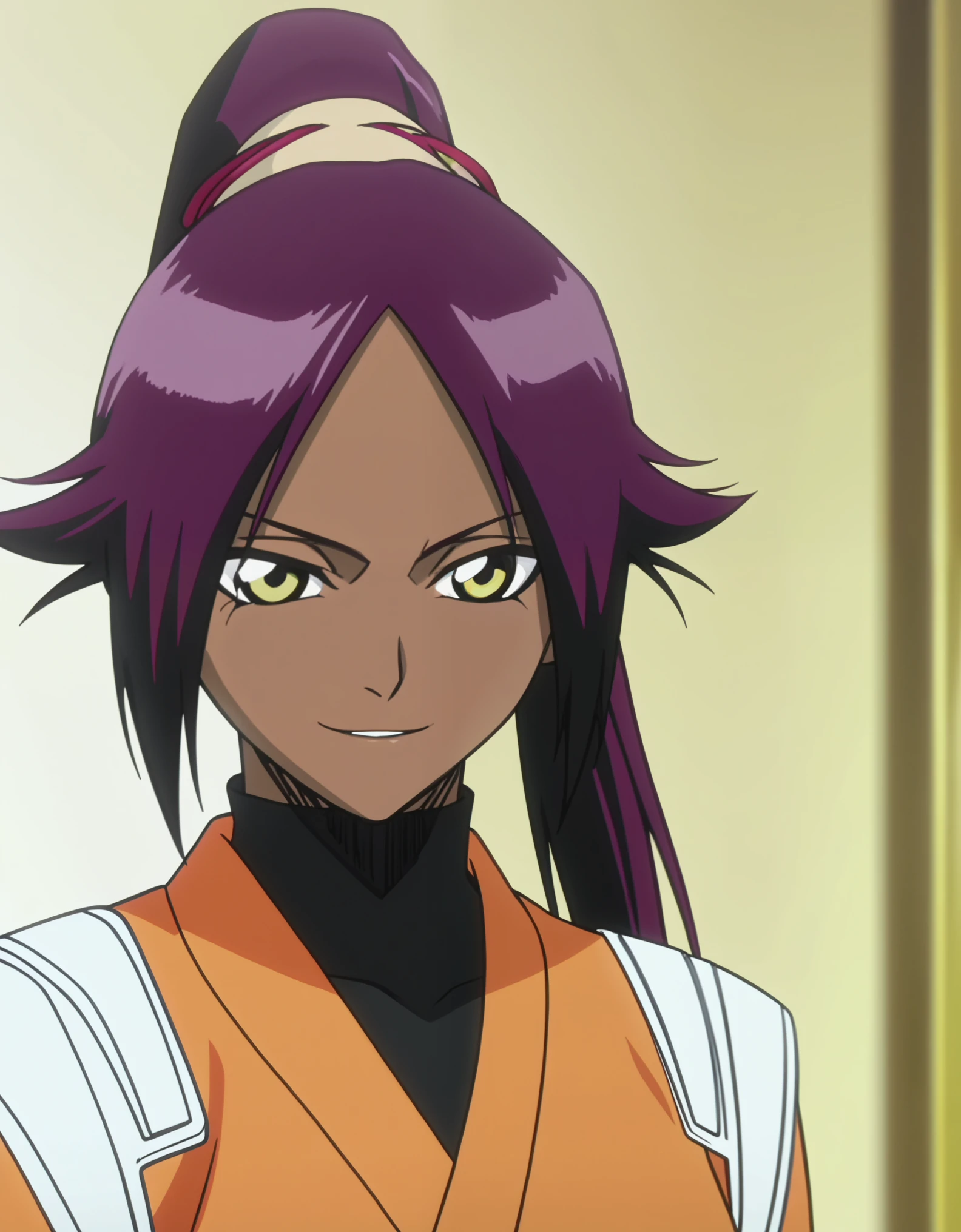 score_9, anime screencap, source_anime,  Yoruichi Shihoin, upper body, white background, smile