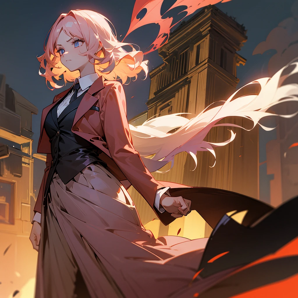 1female, adult, finely detailed ember eyes, wavy medium hair, pale rose hair, blazer suit, skirt, standing on ruined building, night time, serious expression