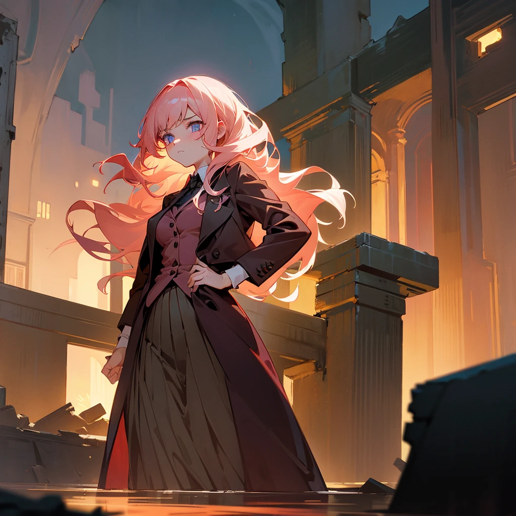 1female, adult, finely detailed ember eyes, wavy medium hair, pale rose hair, blazer suit, skirt, standing on ruined building, night time, serious expression