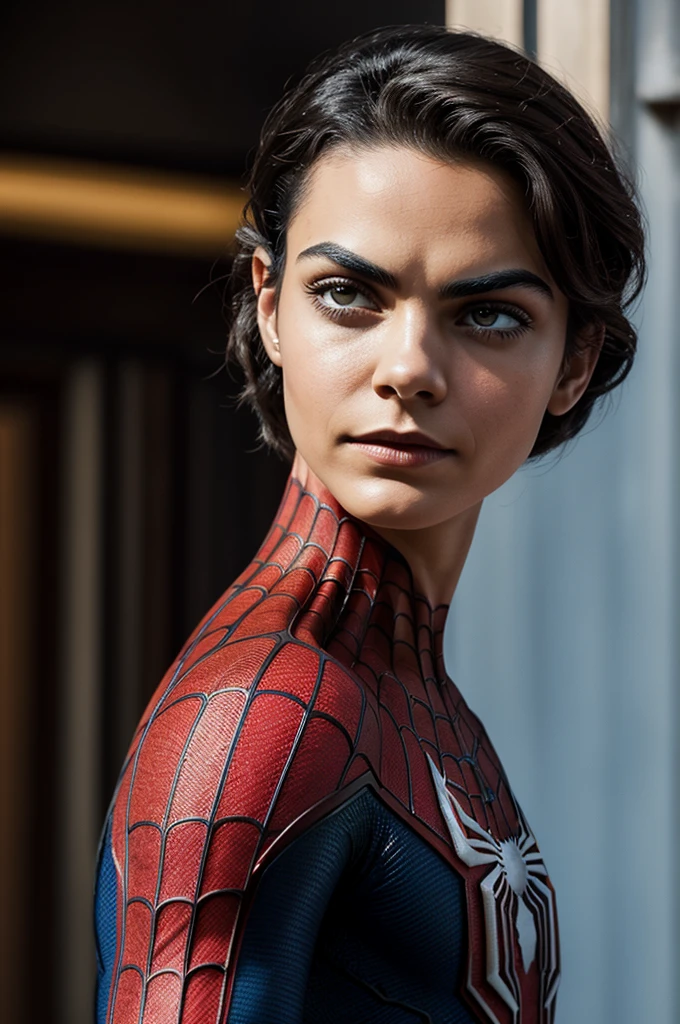 A photograph of Spider-Man., sin mascara, the 20s, elegante, cara detallada, looking to the camera, retrato, 8k hd, alta calidad