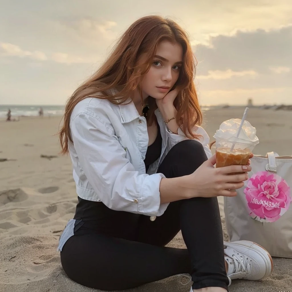 (((Masterpiece))), 25-year-old Caucasian French girl with shoulder-length messy red hair, adorned with , blooming hair akin to a royal . Captured in the best quality, this illustration serves as a 4K wallpaper, beach in the background, sitting on a wall, denim jacket, black leggings, white shoes, white handbag, pink rabbit pendant attached to the handbag, holding a sheikh in her hand,
