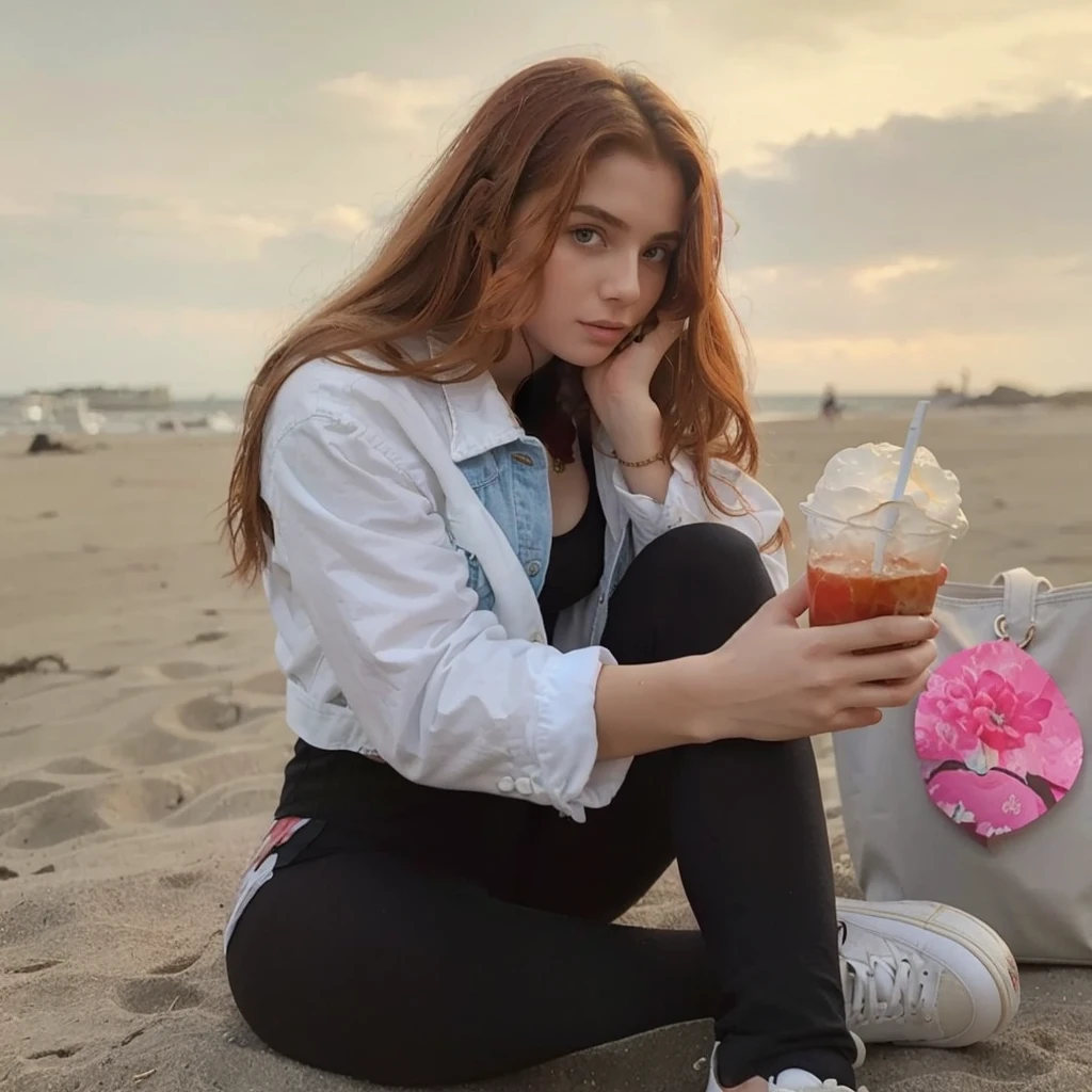 (((Masterpiece))), 25-year-old Caucasian French girl with shoulder-length messy red hair, adorned with , blooming hair akin to a royal . Captured in the best quality, this illustration serves as a 4K wallpaper, beach in the background, sitting on a wall, denim jacket, black leggings, white shoes, white handbag, pink rabbit pendant attached to the handbag, holding a sheikh in her hand,