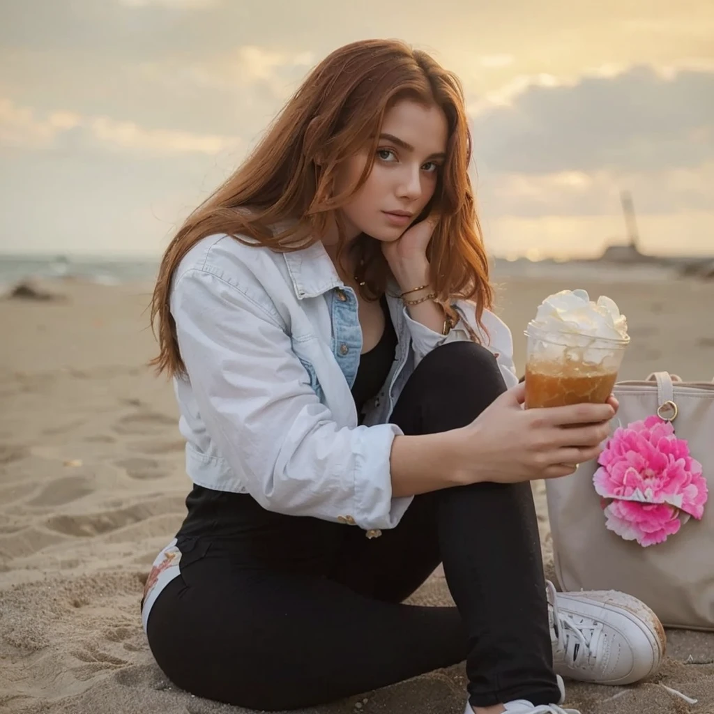 (((Masterpiece))), 25-year-old Caucasian French girl with shoulder-length messy red hair, adorned with , blooming hair akin to a royal . Captured in the best quality, this illustration serves as a 4K wallpaper, beach in the background, sitting on a wall, denim jacket, black leggings, white shoes, white handbag, pink rabbit pendant attached to the handbag, holding a sheikh in her hand,