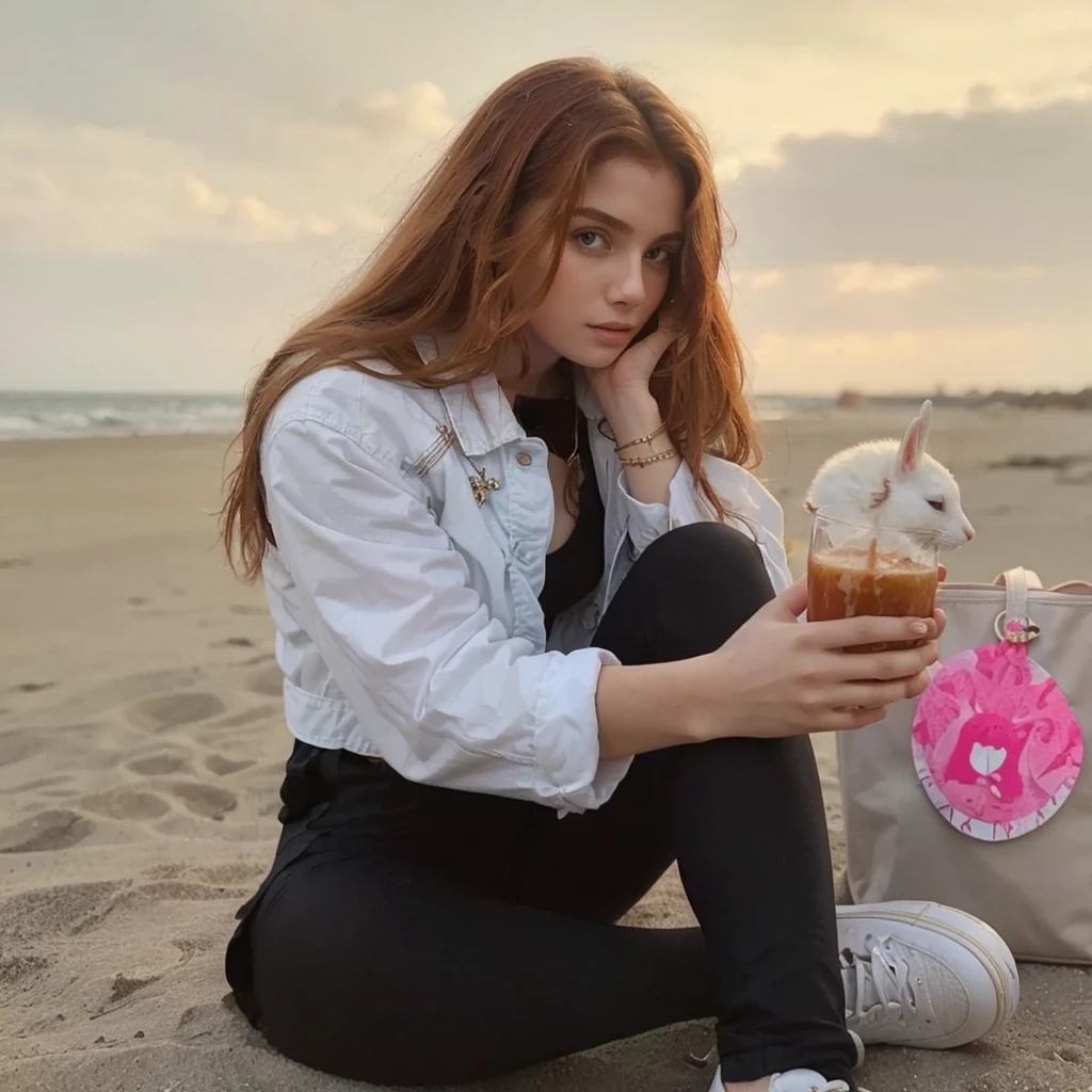 (((Masterpiece))), 25-year-old Caucasian French girl with shoulder-length messy red hair, adorned with , blooming hair akin to a royal . Captured in the best quality, this illustration serves as a 4K wallpaper, beach in the background, sitting on a wall, denim jacket, black leggings, white shoes, white handbag, pink rabbit pendant attached to the handbag, holding a sheikh in her hand,
