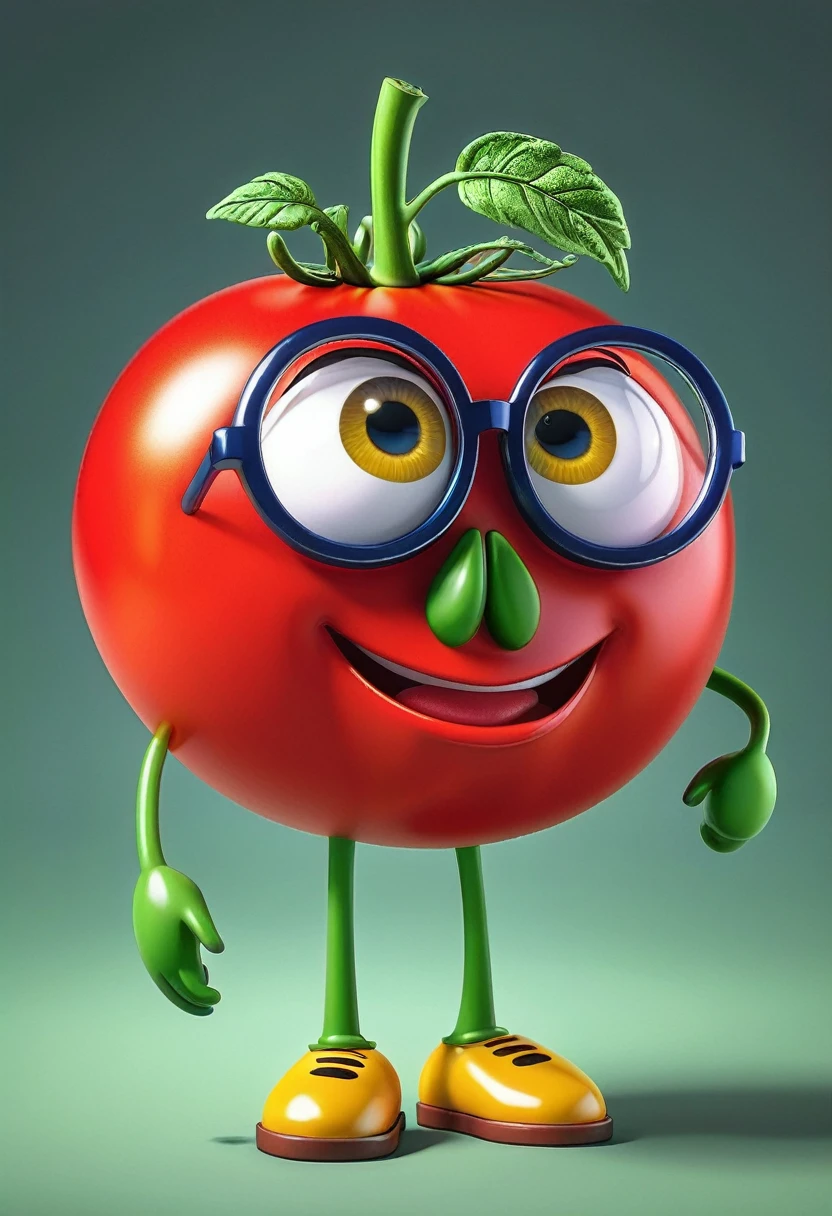 Create a cartoon character that is a tomato with two eyes and wearing eyeglasses. The character should have the vibrant and fun style of 1980s cartoons, with exaggerated features and a lively, expressive face. The tomato should be bright red with a smooth, slightly shiny surface. The eyes should be large and full of character, and the eyeglasses should be prominent and add to the character's charm. The overall design should be whimsical and playful, capturing the essence of 1980s animated cartoons.
