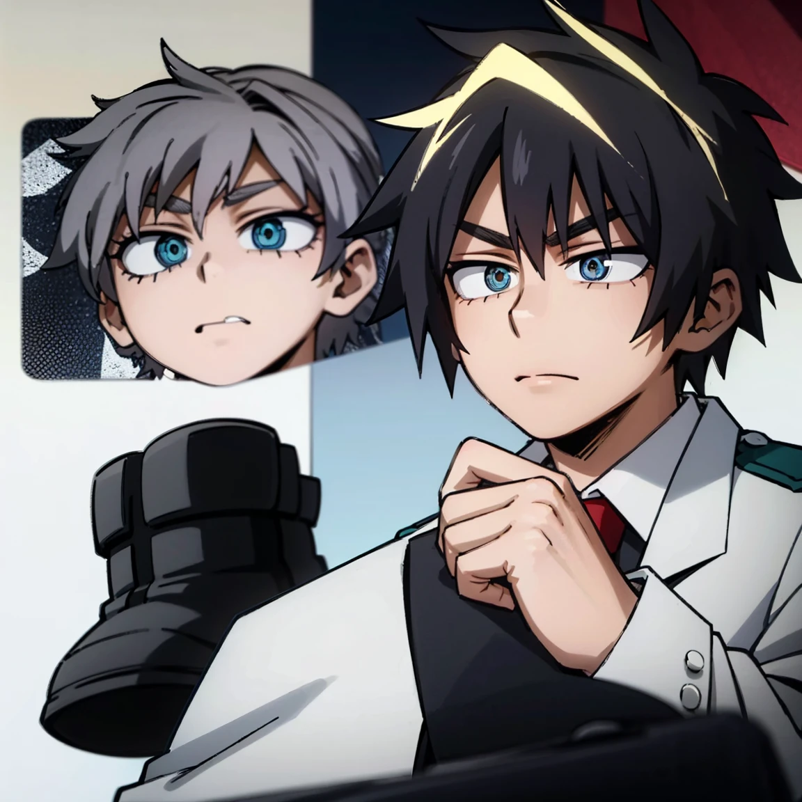 1boy, male focus, boku no hero academia, masterpiece, best quality, very aesthetic, absurdres, short messy hair, purple hair, golden eyes, frown, gray jacket, red tie, white shirt, teal pants, boots