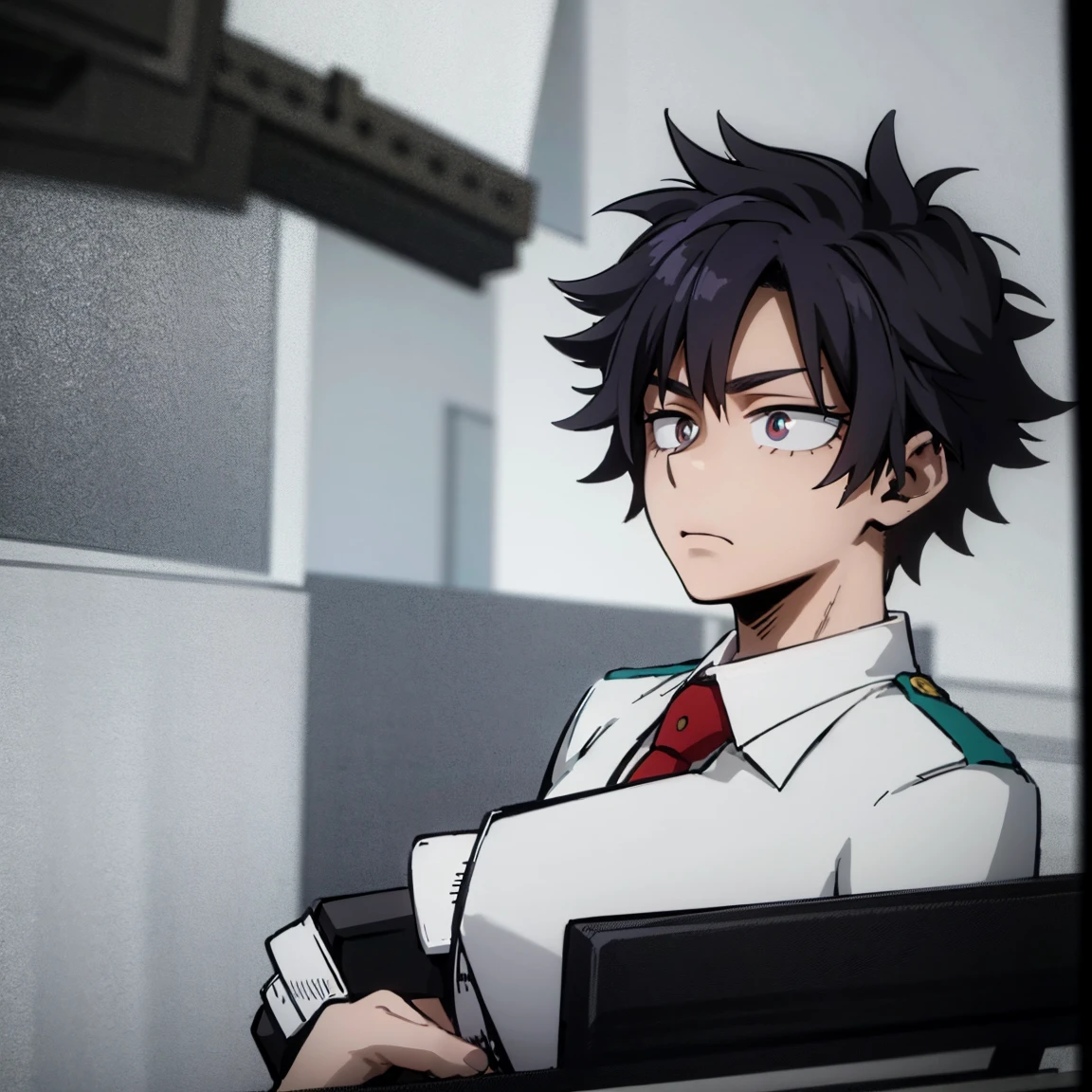 1boy, male focus, boku no hero academia, masterpiece, best quality, very aesthetic, absurdres, short messy hair, purple hair, golden eyes, frown, gray jacket, red tie, white shirt, teal pants, boots 