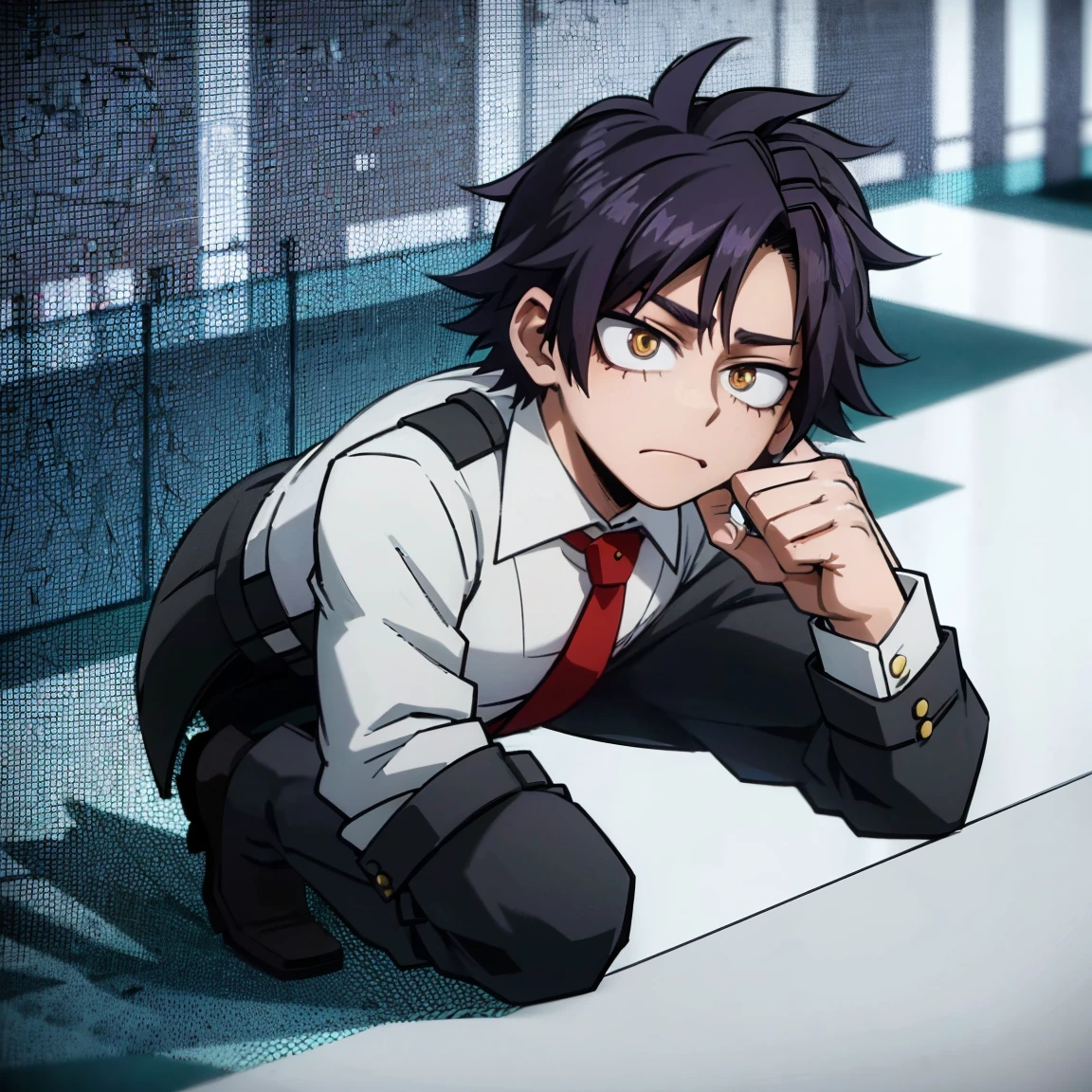 1boy, male focus, boku no hero academia, masterpiece, best quality, very aesthetic, absurdres, short messy hair, purple hair, golden eyes, frown, gray jacket, red tie, white shirt, teal pants, boots 