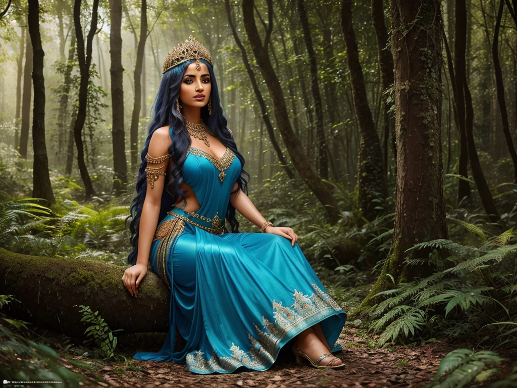 a woman in a blue dress posing in a forest, indian goddess, beautiful goddess, beautiful maiden, arabian beauty, nature goddess, arabian princess, goddess of the forest, a beautiful fantasy empress, fantasy woman, karol bak uhd, beautiful fantasy maiden, extremely detailed goddess shot, indian, very beautiful elven top model, gorgeous woman, ((a beautiful fantasy empress))