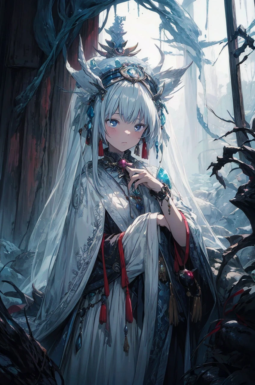 (Masterpiece), Beautiful face, 4k resolution, Anime, fantasy, 1girl, Dark ambience, (Semi)_Horror, 1girl_Shaman, Hand drawn, Hollow_woods_(Setting), 1girl_body_looking_away_from_viewer, 1girl_side_eyeing_viewer, full body shown,