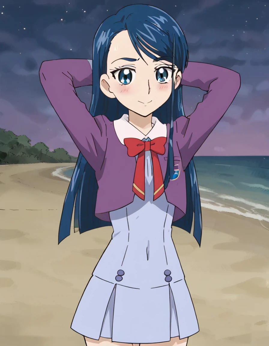 minazuki karen, long hair, blue hair, blue eyes, eyebrows,
, purple jacket, cropped jacket, red bowtie, blue dress, short dress, pleated dress, high quality, solo, 1girl, night sky, beach, arms behind head, (contrapposto), closed mouth, spread armpits, (cowboy shot:1.5), looking at viewer, nervous, smile, best quality, blushing, shifting hips,