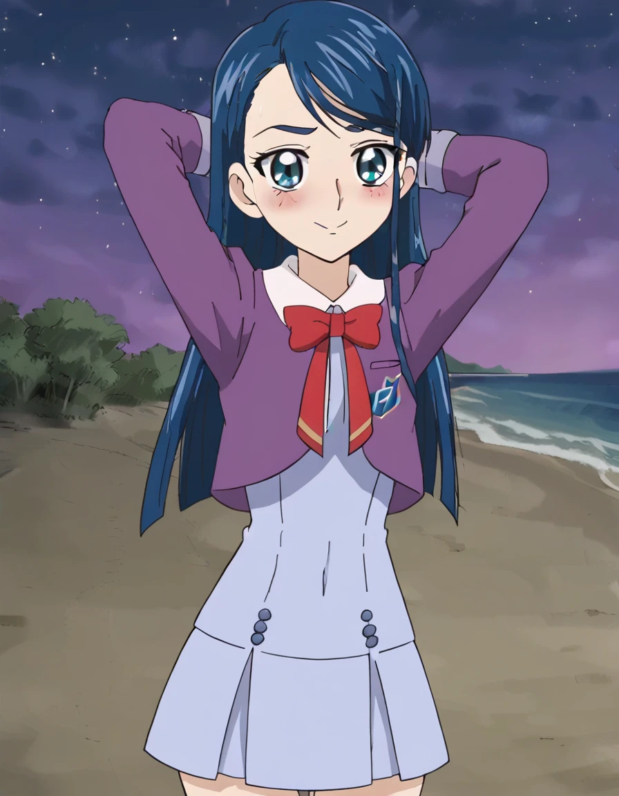 minazuki karen, long hair, blue hair, blue eyes, eyebrows,
, purple jacket, cropped jacket, red bowtie, blue dress, short dress, pleated dress, high quality, solo, 1girl, night sky, beach, arms behind head, (contrapposto), closed mouth, spread armpits, (cowboy shot:1.5), looking at viewer, nervous, smile, best quality, blushing, shifting hips,