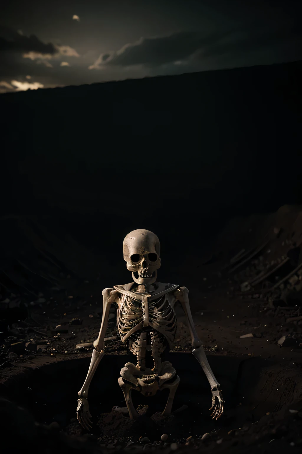 A human skeleton in a dirt hole, highly detailed, gritty, ominous atmosphere, moody lighting, dark and gloomy, cinematic composition, chiaroscuro lighting, muted color palette, hyper realistic, 8k, photorealistic, masterpiece