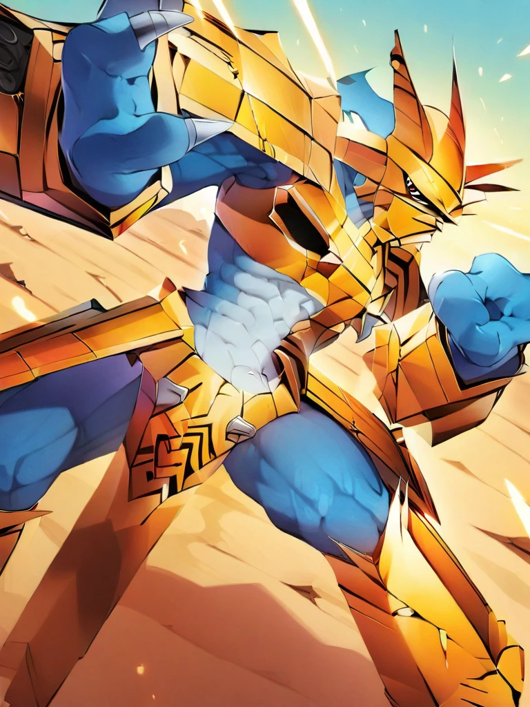 solo,angry Magnamon,tall, blue and white skin,(battle damaged:1.5),(topless Magnamon:2),(armor fragments:1.5),(shirtless:1.5), fighting_stance, in desert ,full_shot
