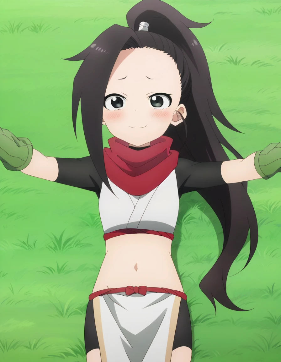  anime coloring, anime screencap, source_anime, anime,uncensored ,BREAK1girl,kunotsubaki, black eyes, black hair, long hair, asymmetrical bangs, forehead, high ponytail, ponytail,shirt, navel, red scarf, scarf short sleeves, pelvic curtain, shorts, green gloves, arm warmers, fingerless gloves,  BREAK, high quality, solo, lying, on back, arms up, spread arms, closed mouth, on grass, (cowboy shot:1.5), looking at viewer, nervous, smile, best quality, blushing, center,