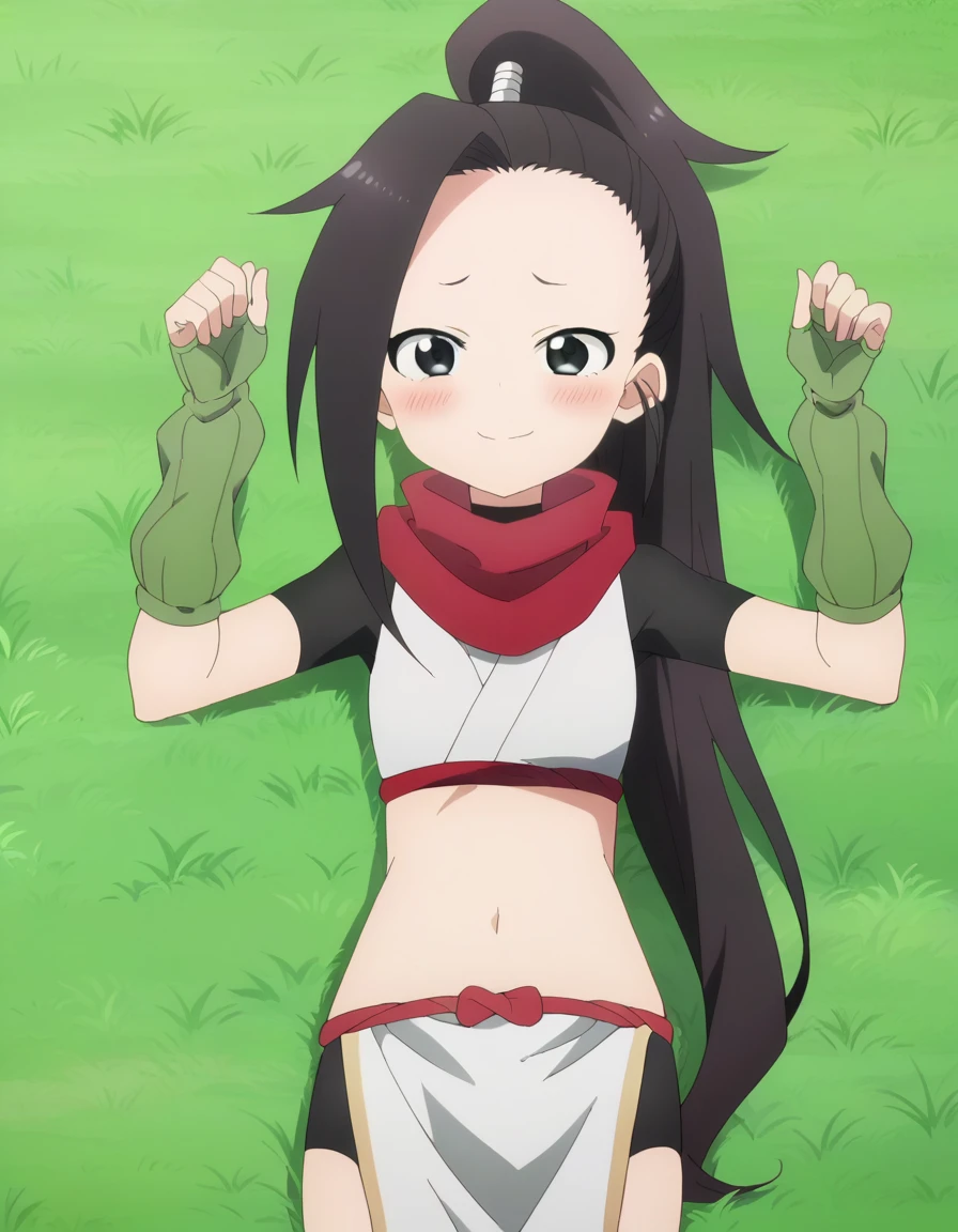  anime coloring, anime screencap, source_anime, anime,uncensored ,BREAK1girl,kunotsubaki, black eyes, black hair, long hair, asymmetrical bangs, forehead, high ponytail, ponytail,shirt, navel, red scarf, scarf short sleeves, pelvic curtain, shorts, green gloves, arm warmers, fingerless gloves,  BREAK, high quality, solo, lying, on back, arms up, spread arms, closed mouth, on grass, (cowboy shot:1.5), looking at viewer, nervous, smile, best quality, blushing, center,