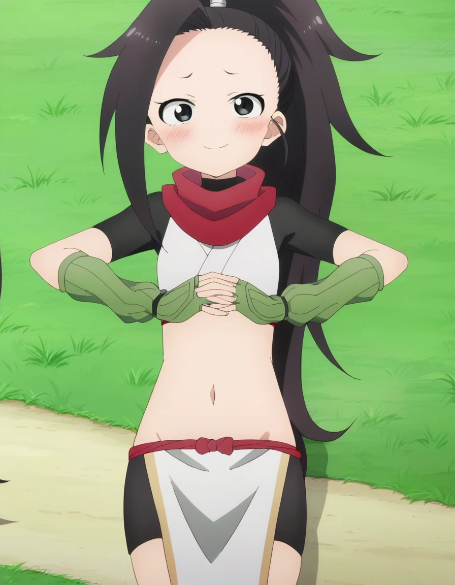 anime coloring, anime screencap, source_anime, anime,uncensored ,BREAK1girl,kunotsubaki, black eyes, black hair, long hair, asymmetrical bangs, forehead, high ponytail, ponytail,shirt, navel, red scarf, scarf short sleeves, pelvic curtain, shorts, green gloves, arm warmers, fingerless gloves, BREAK, high quality, solo, lying, on back, arms up, spread arms, closed mouth, on grass, (cowboy shot:1.5), looking at viewer, nervous, smile, best quality, blushing, center,