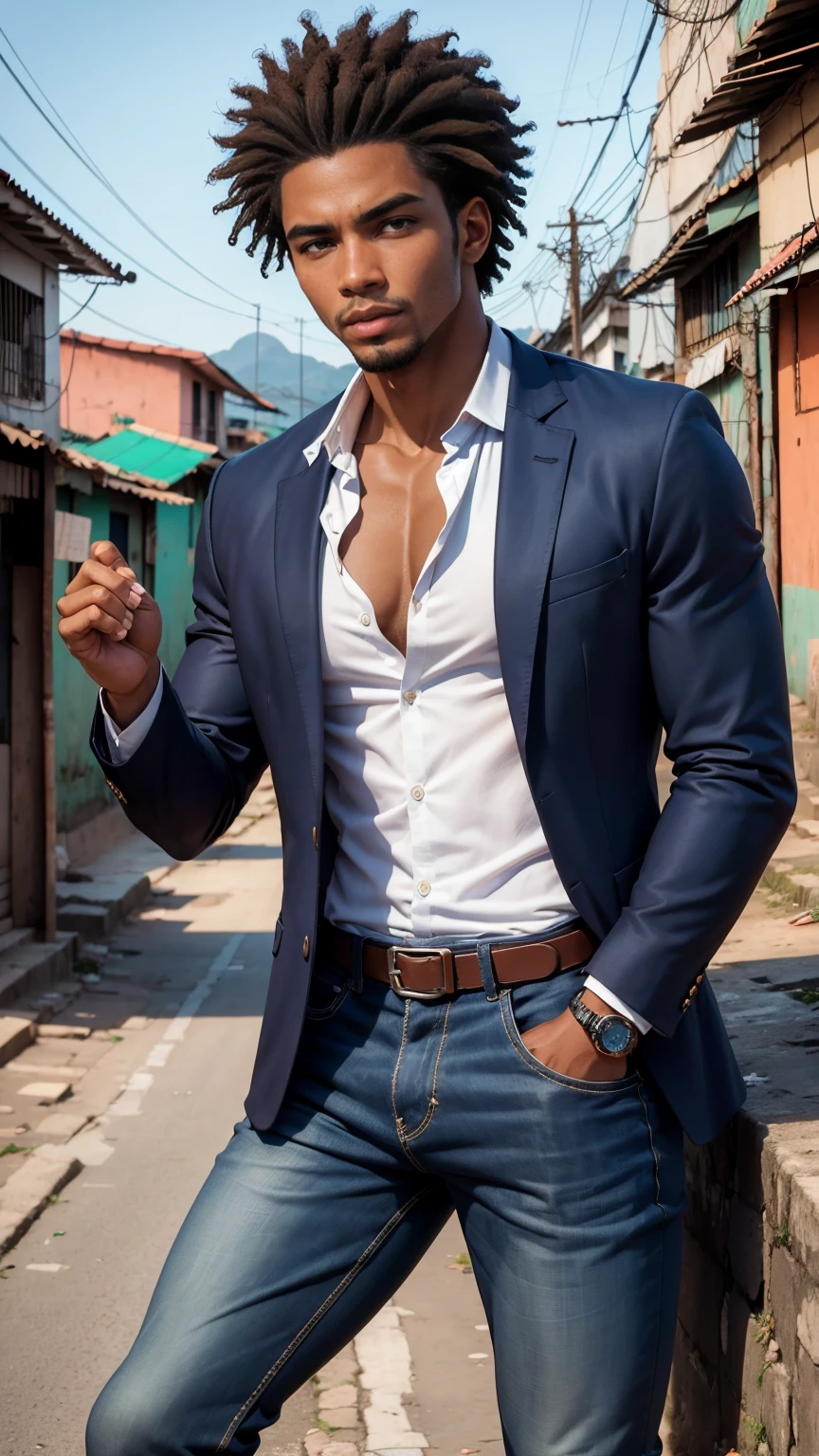 (((corpo inteiro))), jovem afro-brasileiro de 25 anos, (((homem))), advogado, ((cabelos cacheados)), pele negra, ((cabelos curtos)), com cabelos extremamente perfeitos,  perfect hands, looking at camera, action pose, vestindo blazer cinza, (((camisa branca))), jeans, sapato social, (((ao fundo morro de favela na cidade do Rio de janeiro)))