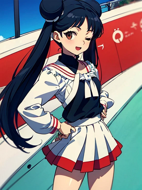 (((masterpiece))) ( Background : outdoor theme : bright : crowded cuty ) ( character : meiling : long smooth hair : fit body : con : small breast : innocent smile : wearing ), one eye closed, , hair bun, black hair, , twintails, double bun, long hair, open mouth, hand on hip, brown eyes, pleated skirt,, white sailor collar, white skirt, bangs,, looking at viewer,