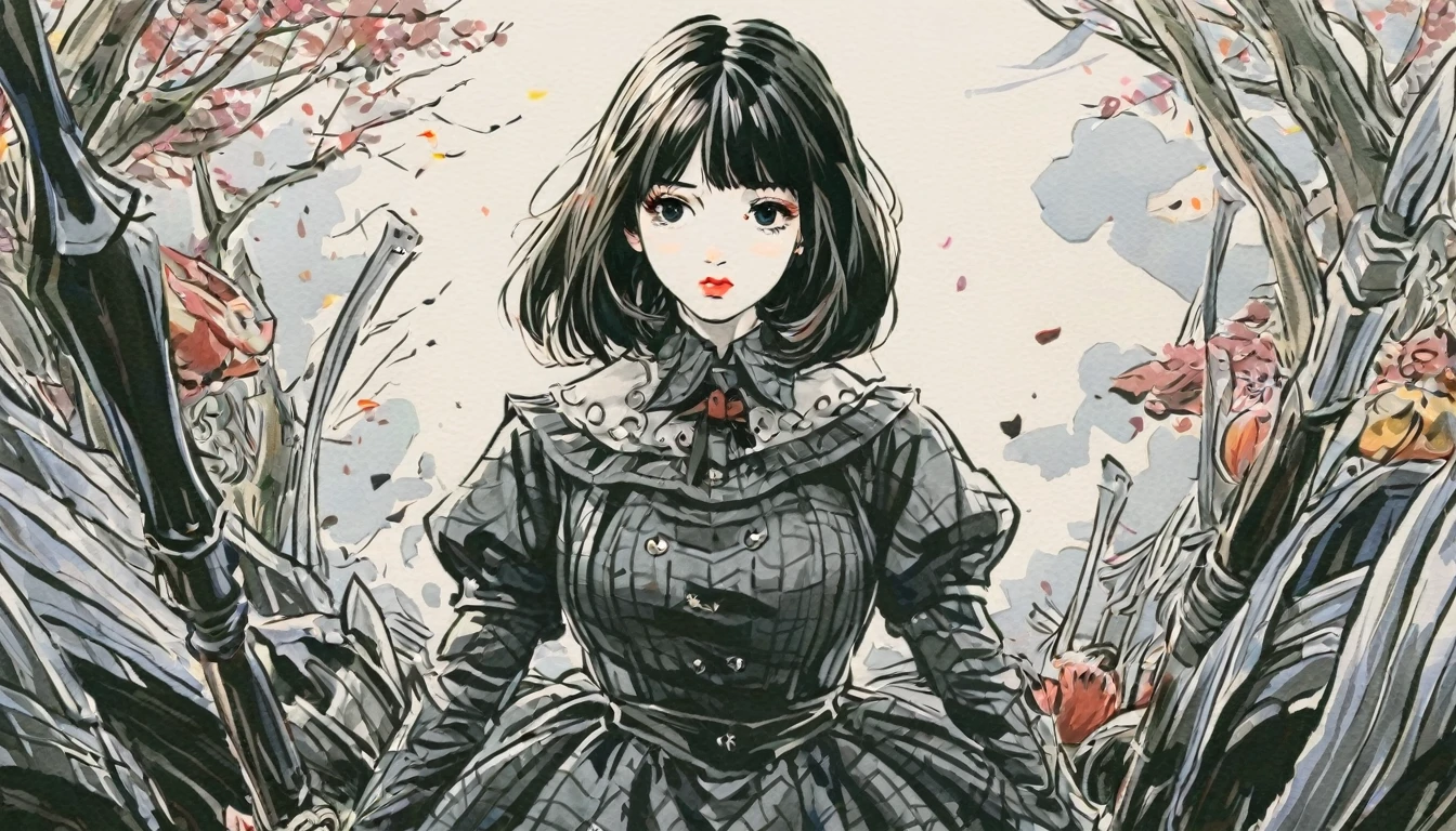 1girl, expressive black eyes, black hair, black patterned clothes dress ready for the battle, in wonderland, Yamada Akihiroi style