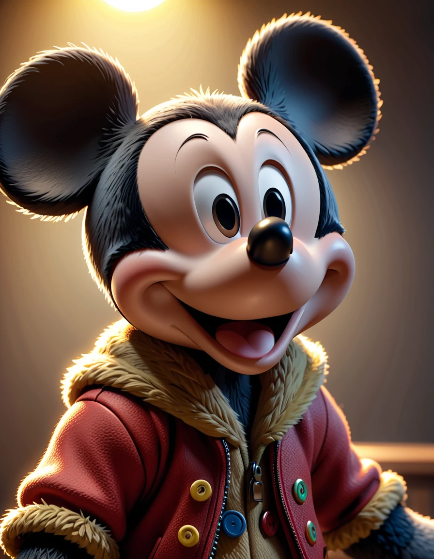 cinematic 3d render of mickey mouse, highly detailed character, photorealistic, studio lighting, 8k, best quality, ultra-detailed, physically-based rendering, extreme fine detail, vibrant colors, dynamic pose, realistic fur textures, intricate facial features, expressive eyes, sharp focus, professional 3d model