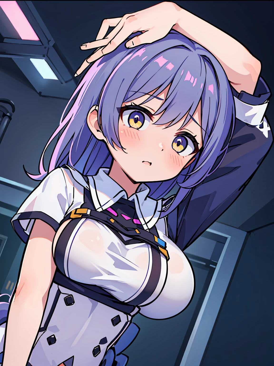 1girl, nsfw, Kagami Hiiragi, 1girl, solo, twintails, hair ribbon, Blue eyes,. Purple Hair,, empty eyes, forehead, large breasts, nipple, Walking, Cooking Classes,  Sweets shop, frozen, Wet, crying, Naked, (1girl) Blank look, Peeing, lactation, projectile lactation