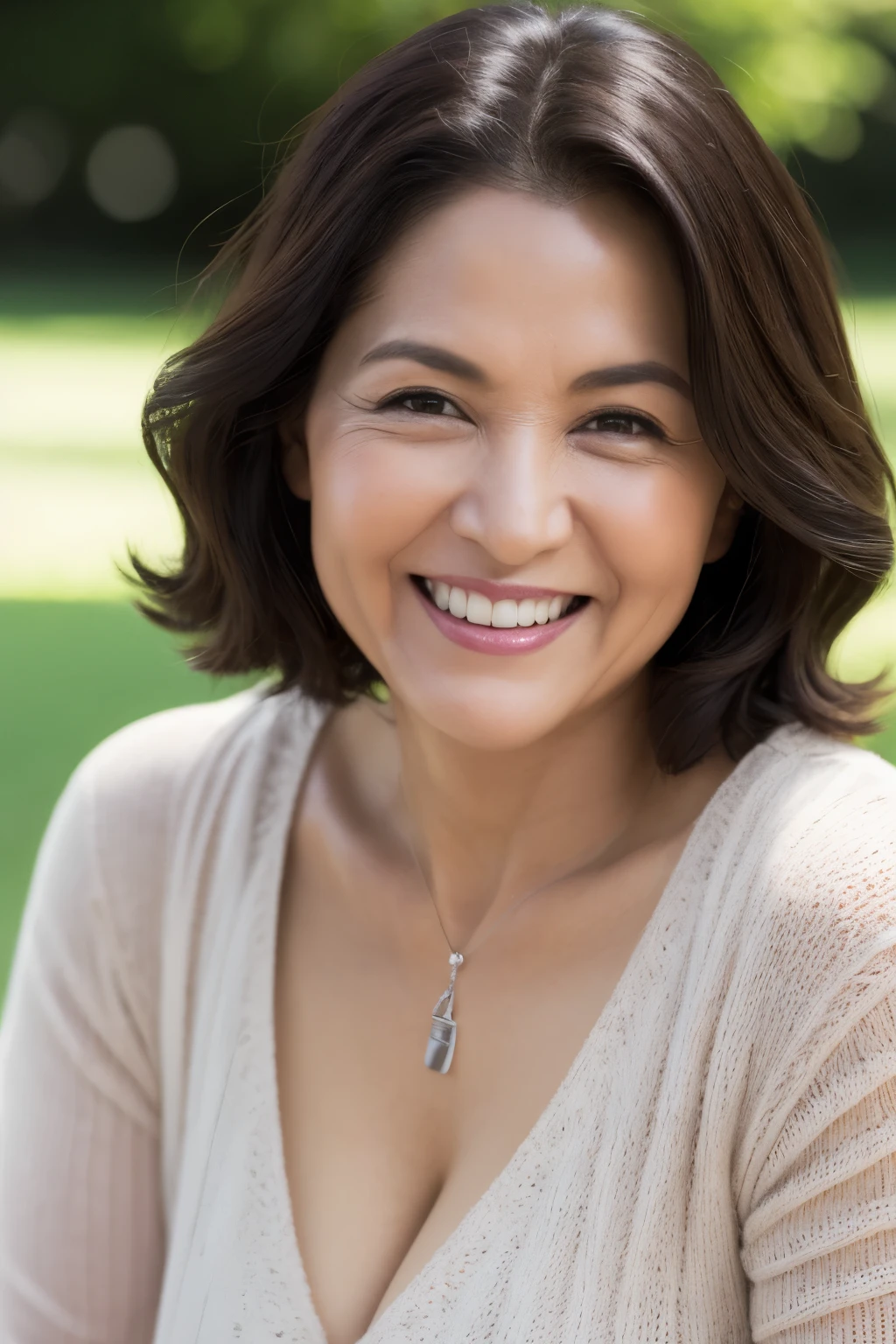 最high quality, In 8K, Masseter muscle area, Lifelike, Sharp focus, high quality, High resolution, Detailed face, Detailed eyes, Thick lips, Background Blur, solo, Middle-aged women, Chubby, 55 years old, , Medium long wavy hair, Cleavage, Wearing a plain short-sleeved knit, Sitting on a park bench, Wrinkles around the eyes, Toothy smile