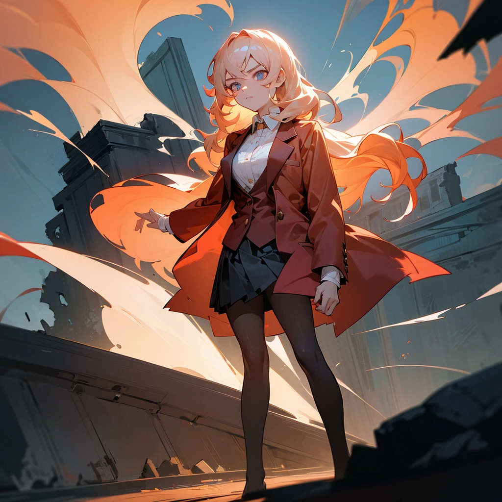 1female, adult, finely detailed ember eyes, wavy medium hair, pale coral hair, blazer suit, skirt, standing on ruined building, night time, serious expression