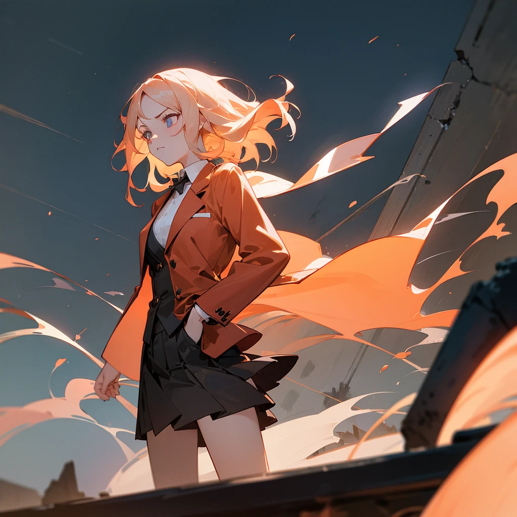 1female, adult, finely detailed ember eyes, wavy medium hair, pale coral hair, blazer suit, skirt, standing on ruined building, night time, serious expression