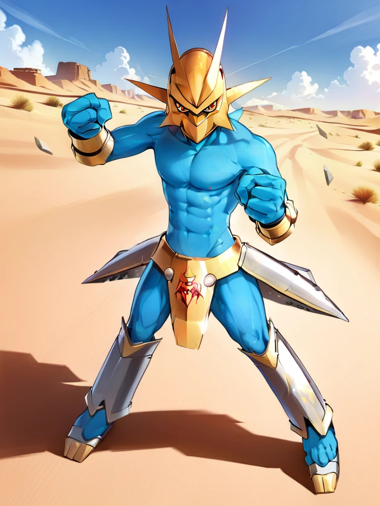 solo,angry Magnamon,tall, blue skin,white body,(battle damaged:1.5),(topless Magnamon:2),(armor fragments:1.5),(shirtless:1.5), fighting_stance, in desert ,full_shot
