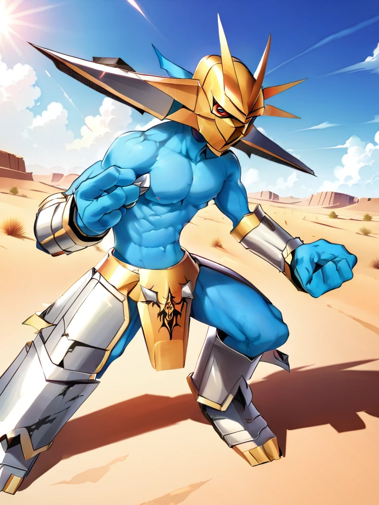 solo,angry Magnamon,tall, blue skin,white body,(battle damaged:1.5),(topless Magnamon:2),(armor fragments:1.5),(shirtless:1.5), fighting_stance, in desert ,full_shot
