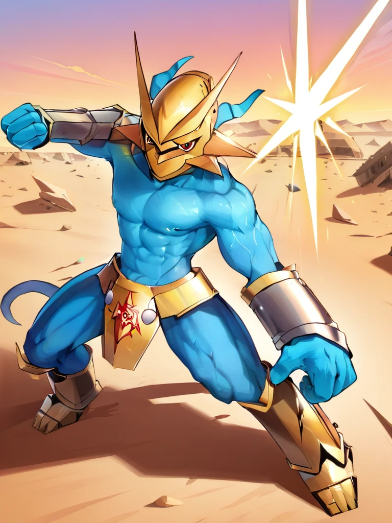 solo,angry Magnamon,tall, blue skin,white body,(battle damaged:1.5),(topless Magnamon:2),(armor fragments:1.5),(shirtless:1.5), fighting_stance, in desert ,full_shot
