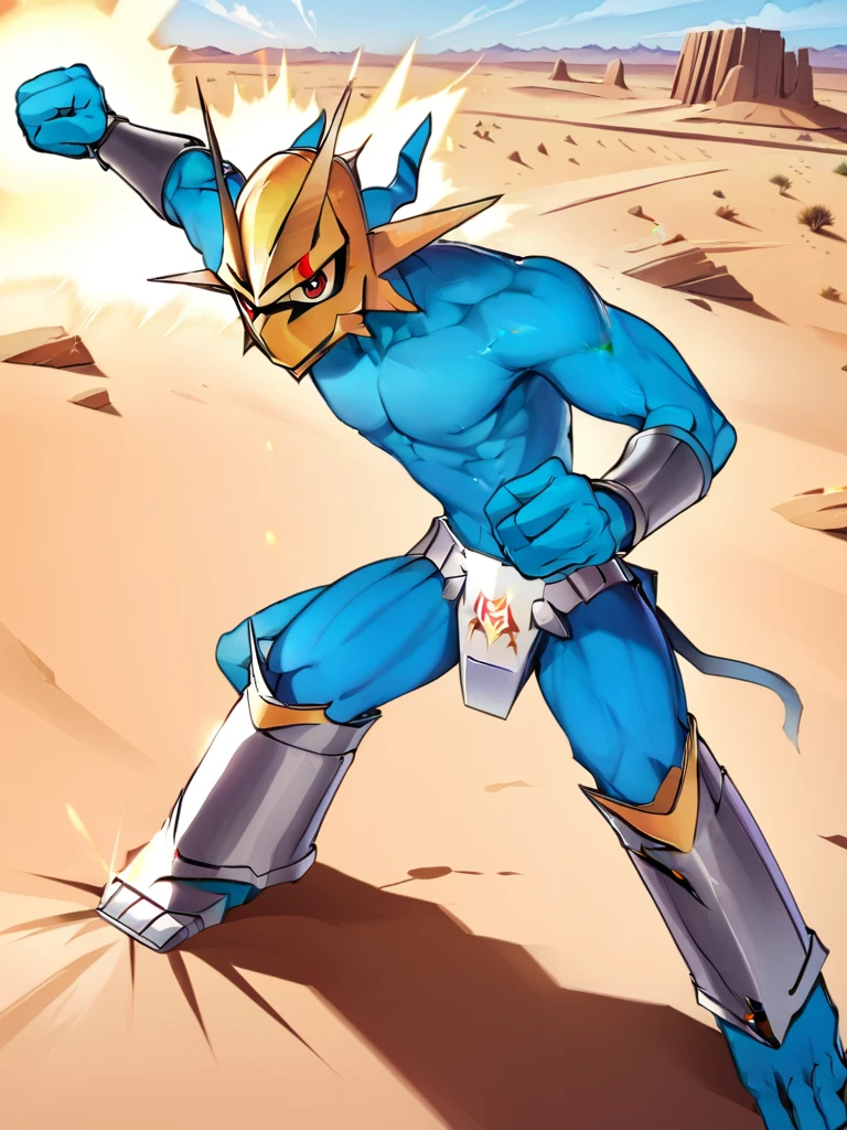 solo,angry Magnamon,tall, blue skin,white body,(battle damaged:1.5),(topless Magnamon:2),(armor fragments:1.5),(shirtless:1.5), fighting_stance, in desert ,full_shot

