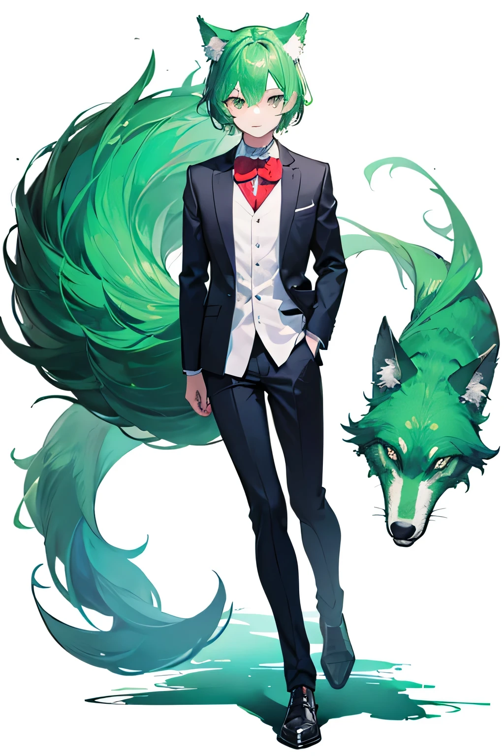 Green hair wolf cut, odd eyes, high school boy, full body picture, white background