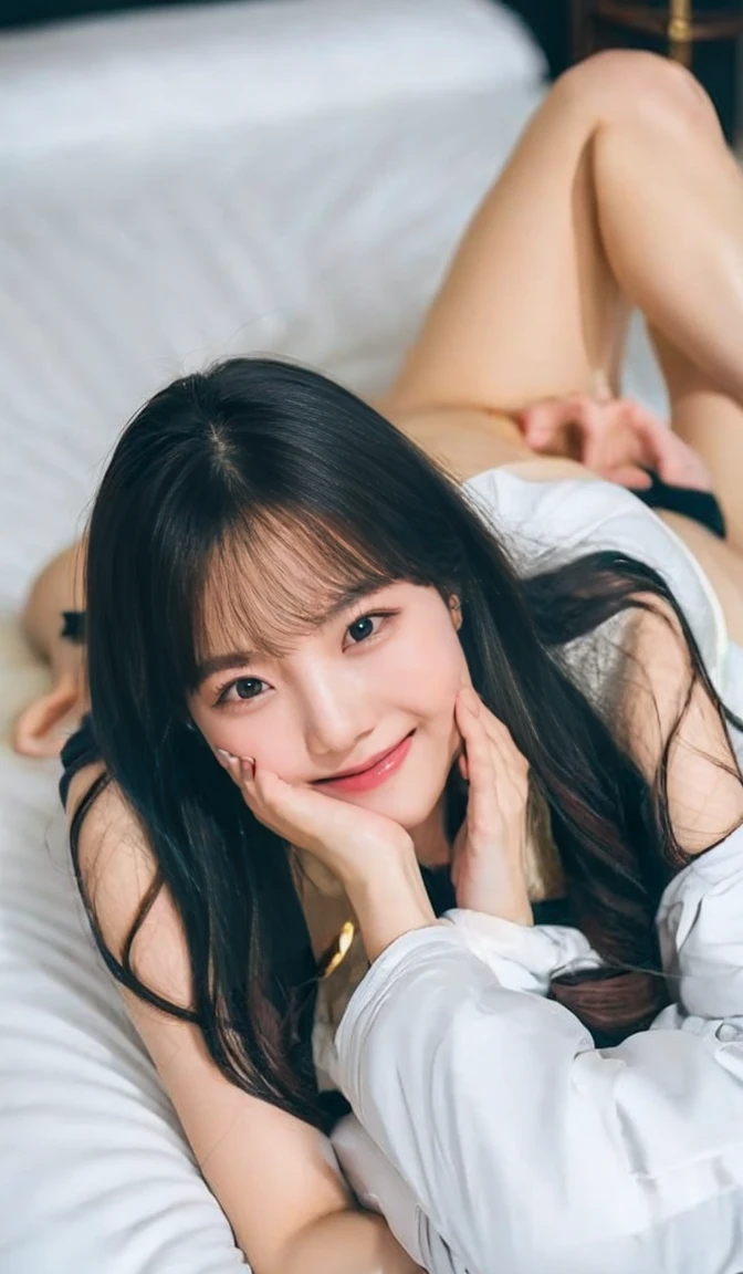 nsfw, (On the bed), (Lying down), From above, Black tights, (Light Smile:0.6)