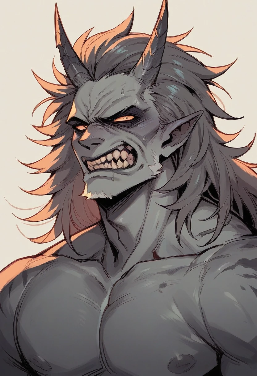 Humanoid creature, strong, sharp teeth, glowing eyes, scars around the body, angry face, very long hair