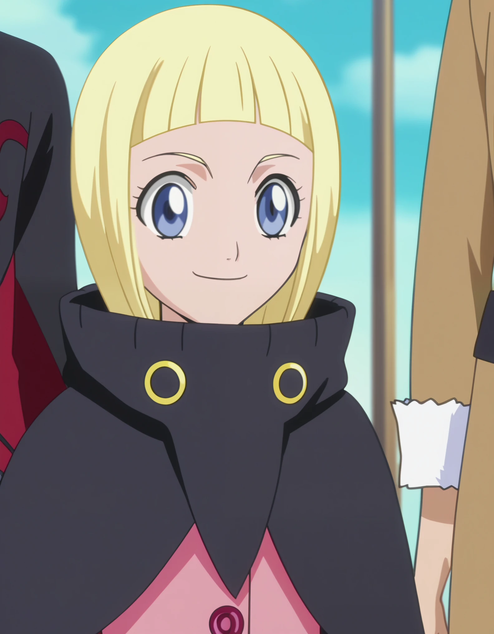 score_9, anime screencap, source_anime, Ririn, upper body, white background, smile, blonde hair,