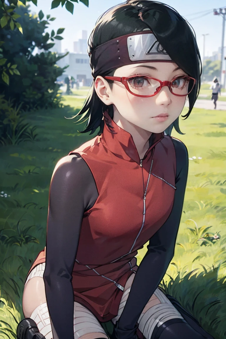 (Sarada Uchiha,short hair,black hair,glasses),full body picture Unreal Engine 5 8K UHD of beautiful girl, green Japanese style long hair, wearing futuristic black tight battle suit, half face mask, futuristic neck collar, grass green light details, best quality, masterpiece