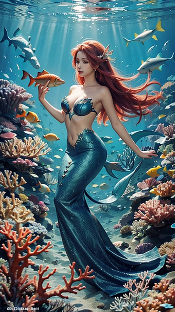 A beautiful gorgeous mermaid under the sea playing with fishes the sea is filled with corals and colourful fishes extremely detailed highest quality