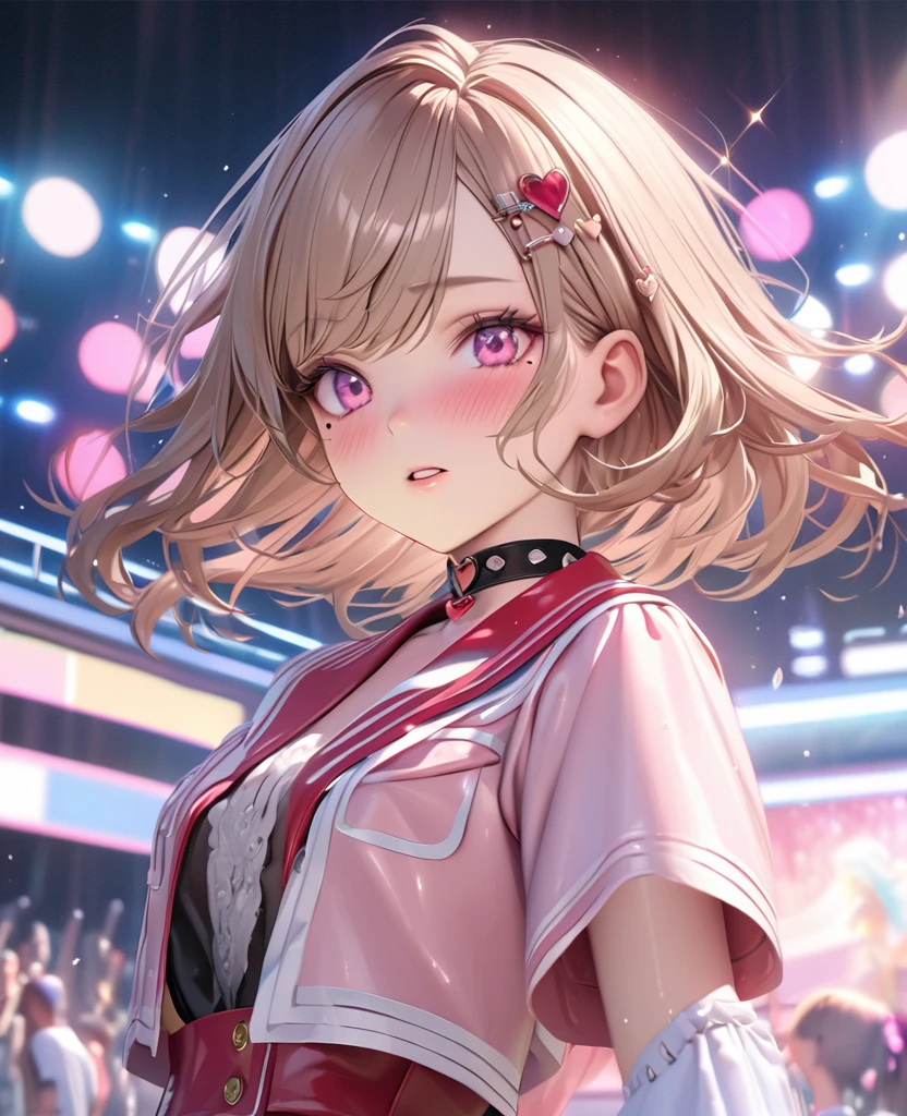 masterpiece, best quality, ultra detailed, high resolution, expensive resolution, HDR, 4k, 8K, uniform 8k wallpaper, ultra detailed CG, masterpiece, realistic, 2D, 3D, beautiful details, depth, fine texture, ultra fine: 1.3, perfectly focused, crispy .skin, .he, very cute anime girl, idol, A girl in her twenties,drenched in heavy rain outdoor stage, chest part is visible through, brown short twin-tail hair wearing expensive clothes, one girl, one person, brown short twin-tail hair, idol, mole under eye, looking at the viewer, expensive, blush, mole, open lips, hair accessory, heart-shaped choker, pink eyes, choker