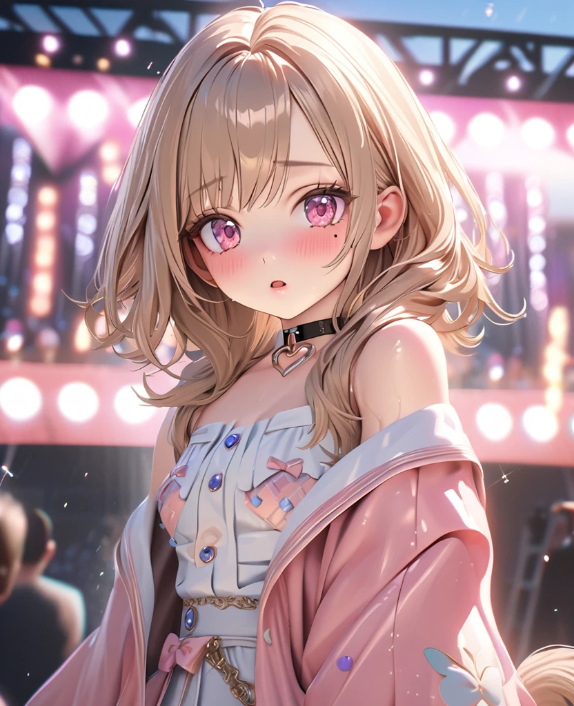 masterpiece, best quality, ultra detailed, high resolution, expensive resolution, HDR, 4k, 8K, uniform 8k wallpaper, ultra detailed CG, masterpiece, realistic, 2D, 3D, beautiful details, depth, fine texture, ultra fine: 1.3, perfectly focused, crispy .skin, .he, very cute anime girl, idol, A girl in her twenties,drenched in heavy rain outdoor stage, chest part is visible through, brown short twin-tail hair wearing expensive clothes, one girl, one person, brown short twin-tail hair, idol, mole under eye, looking at the viewer, expensive, blush, mole, open lips, hair accessory, heart-shaped choker, pink eyes, choker