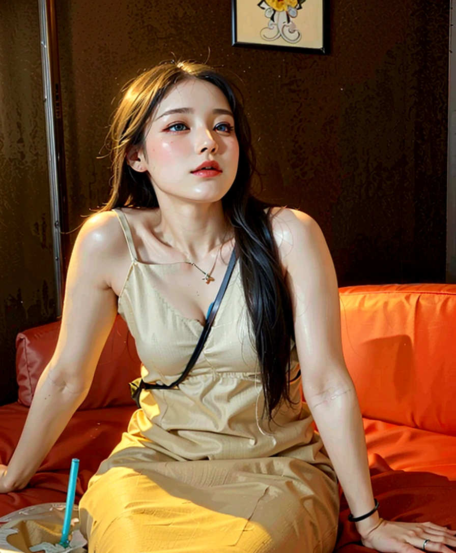 photorealistic, high resolution, soft lights, 1women, solo, hips up, look at viewer, (detailed face), blue eyes, white hair, long hair, (silk Ribbon in front:1.3),earrings,filigree,detached sleeves,wide sleeves,(revealing clothes),jewelry, (cleavage,bare shoulder,strapless,Simple Choker,tube dress,no bra:1.1),ningguangdef