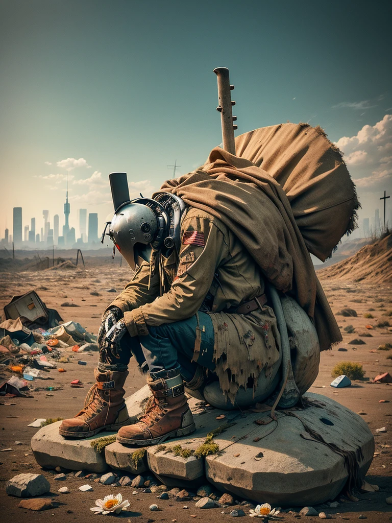 wasteland，(A very poor old mech sitting on a rock playing guitar:1.3)，(the guitar player)，(Sitting:1.2)，rust，Wearing tattered armor，The skyline in the distance，Gothic，moss，（A small white flower），（Cemetery），Gothic Church，（Blood red moon），Gothic Elements，wildfires，cold，gloomy