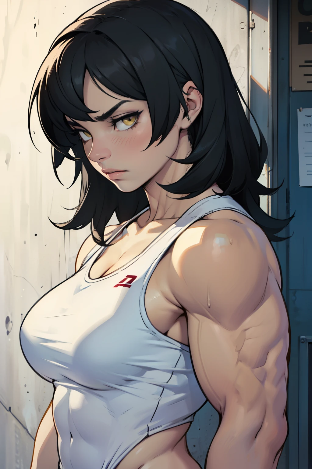 perfect female anatomy muscular girl big breasts empty eyes embarrassed black hair yellow eyes pale skin perfect female anatomy perfect female anatomy