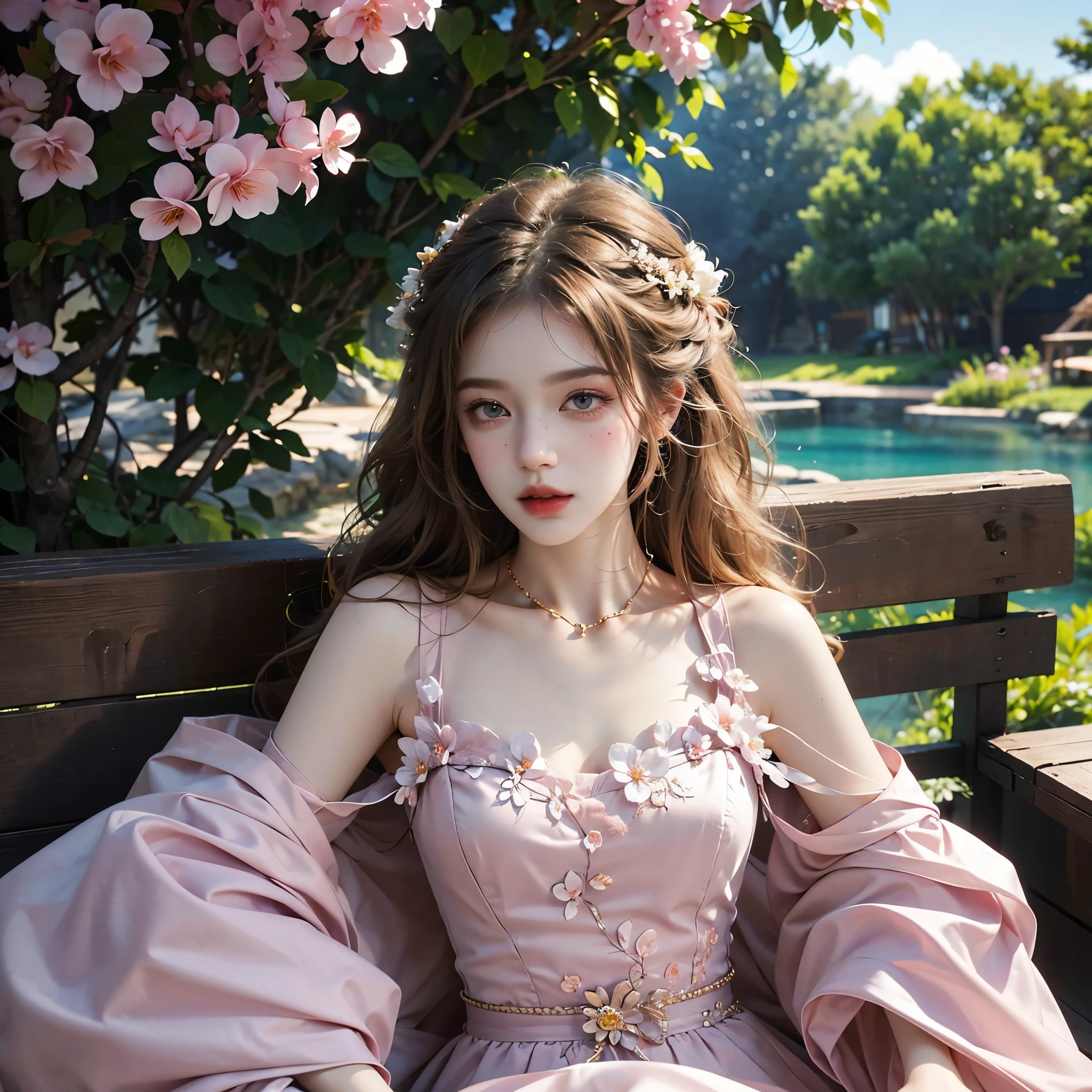 masterpiece, best quality, high resolution, realistic , surrealism , lifelike photo ,2024s, , Alluring and beautiful full body shot, (curly blonde brunette long hair, blue cat eyes), white skin with freckles, Beautiful period dress with floral embroidery and details. , beautiful golden necklace & bracelet, elegant bearings, Beautiful landscape background of roses & lilac & orchid garden, High budget , Attractive face and small nose, long shiny curly hair , Holding a beautiful orange stray cat , split , sunset , pink clouds , Yellowish red rays on the horizon, elegant pose, beautiful bridge, fit your body, Stunning Russian woman standing near a park bench, back shot, side shot , Frontal shots, Blue Lagoon